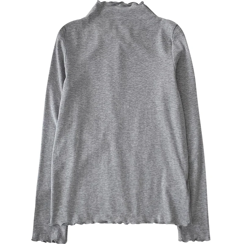 

Solid Women T-Shirts Summer New Turtleneck Rufffles Collar Long-Sleeved Slim Lady Elegant Buttoning Pulls Tops Tees