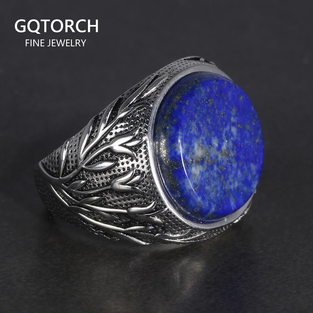 

Genuine Solid 925 Sterling Silver Rings With Natural Lapis Lazuli Tree Branches Engraved Turkish Finger Rings Man Ring
