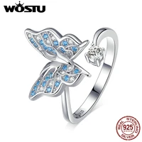 wostu 100 925 sterling silver butterfly blue zircon rings adjustable size ring finger for women fashion wedding jewelry ctr098
