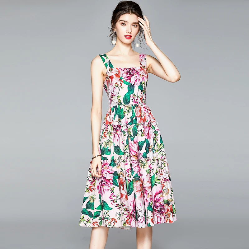 

Banulin 2020 Summer Runway Floral Print Spaghetti Strap Dress Beaded Buttons Lilies Flower Overall Women Beach Boho Sundresss