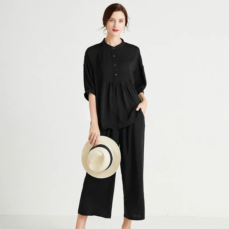 

Plus Size Women Clothing Elegant Fashion Solid Color Two Piece Set 4XL Summer 2021 Lady Short Sleeve Shirts and Wide Leg Pants