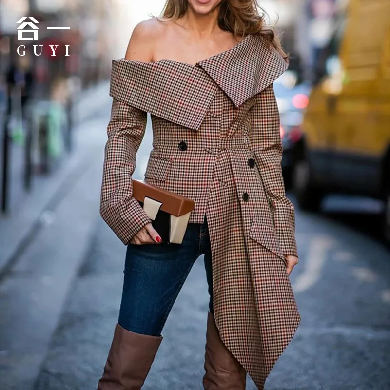 

Women‘s British Style Blazer Plaid Asymmetry Jacket пальто женское