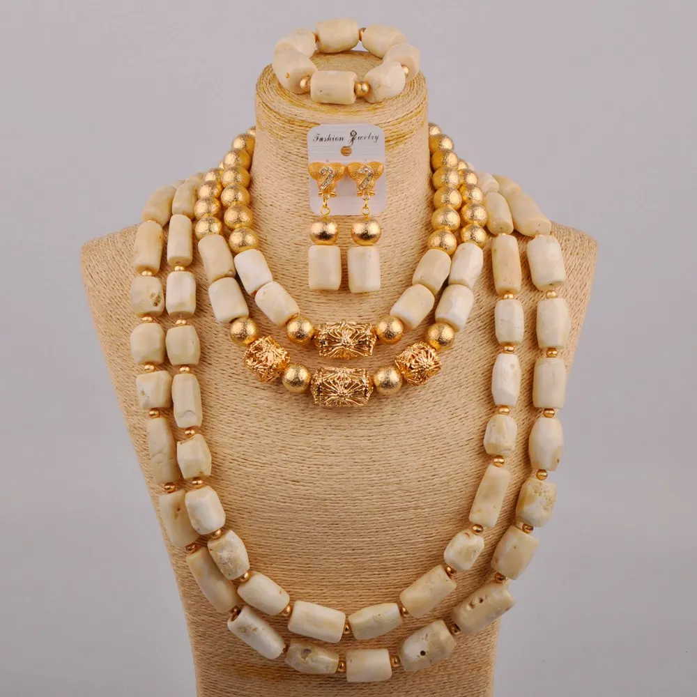 

White African Coral Jewelry Set 4 Layers Necklace+ Bracelet+Earrings Accessories Nigerian Traditional Wedding Coral Beads