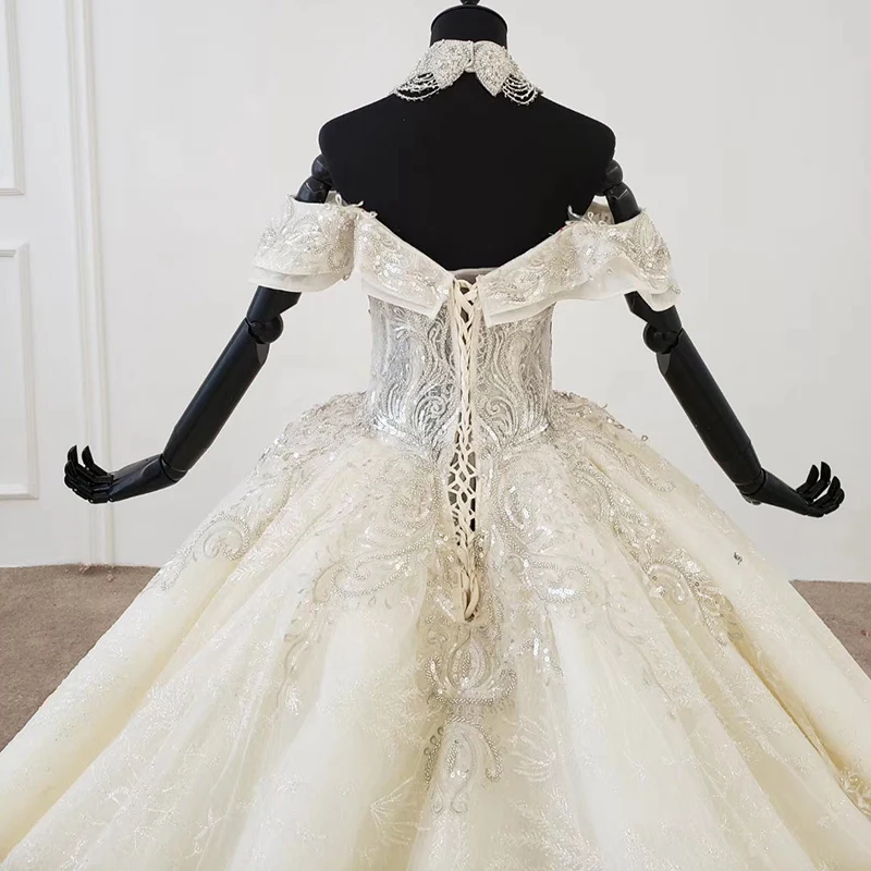 

HTL1208 princess wedding dress off shoulder short sleeve applique crystal lace up back white wedding dress new robe de mariee