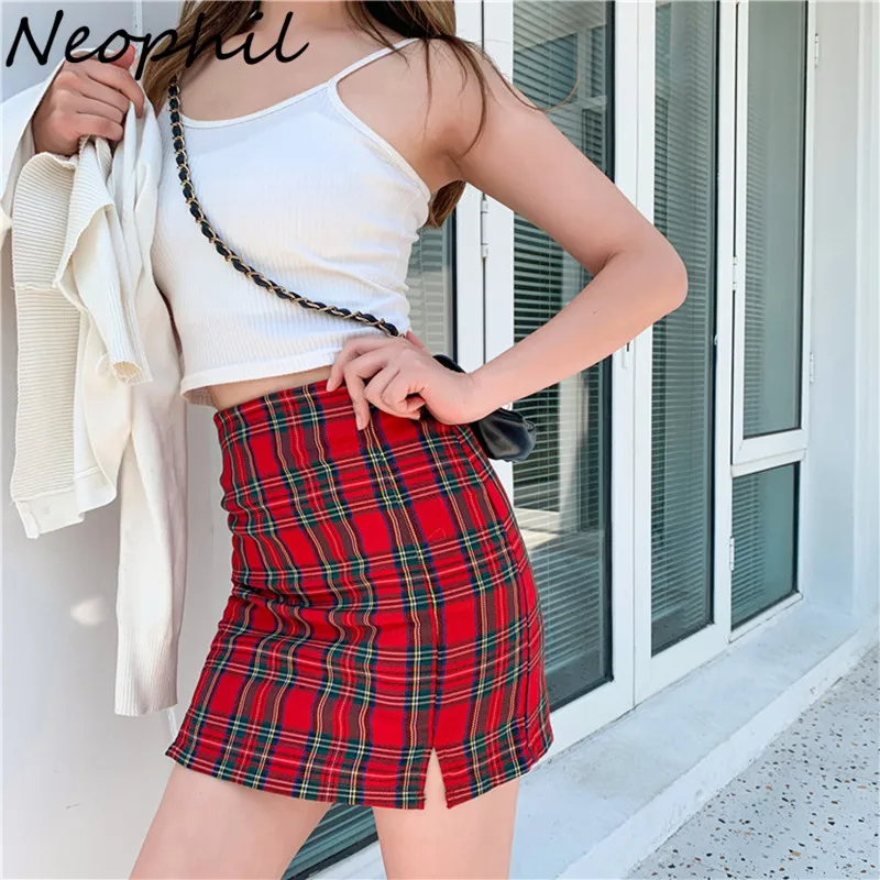 

Neophil Plaid Pencil 2021 Summer Mini Skirts Women High Waist England Style Fashion Party Elegant Short School Skirts Saia S2041