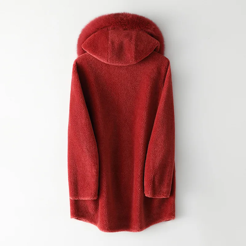 Elegant Fox Collar Hooded Sheep Sheared Mid Length Women Coat Real Fur Wool Grain Outwear Autumn and Winter Warm Red Jacket