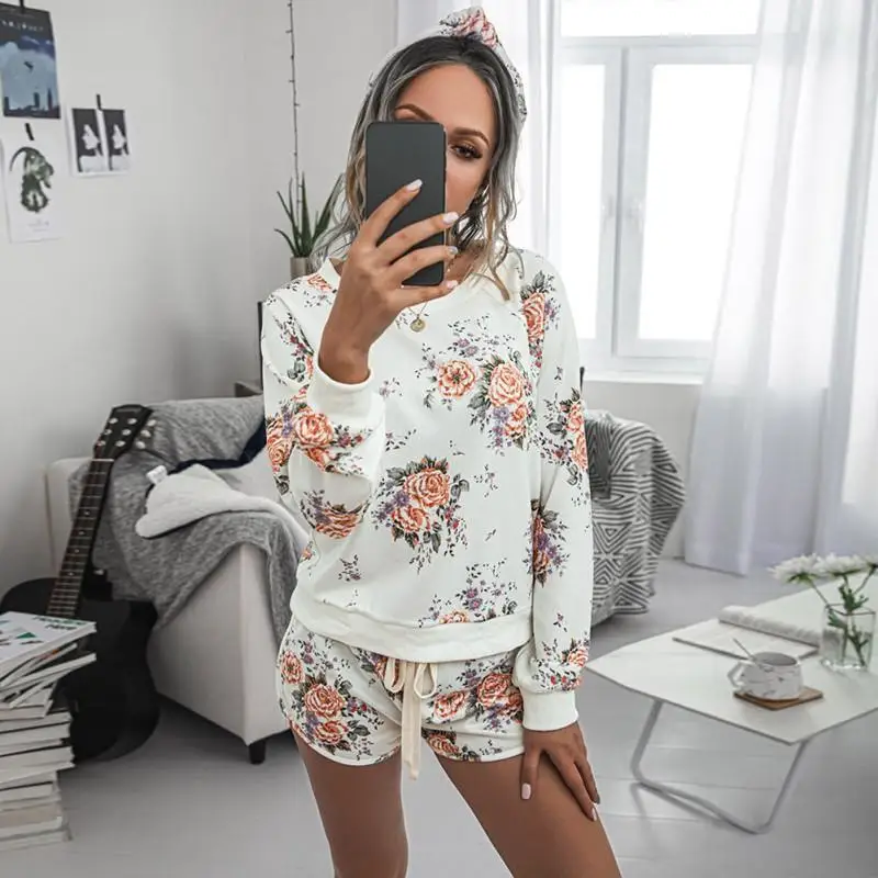 

Осенняя акция, Женский пижамный комплект ZITY с цветочным принтом, короткие брюки с длинным рукавом, Повседневная Домашняя одежда, 2020