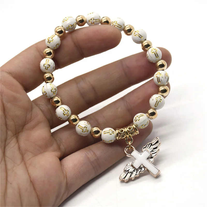 

1PC New Angel Cross Bracelet Gold Bronzing Cross Beads Religious Christian Catholic Hand Jewelry Prayer Bracelet