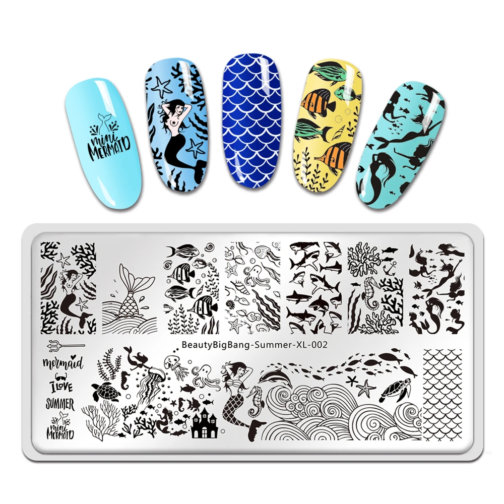 

Трафареты Beautybigbang из нержавеющей стали для дизайна ногтей, пластины для стемпинга с изображением русалки, волны, акулы, моря, летние искусст...