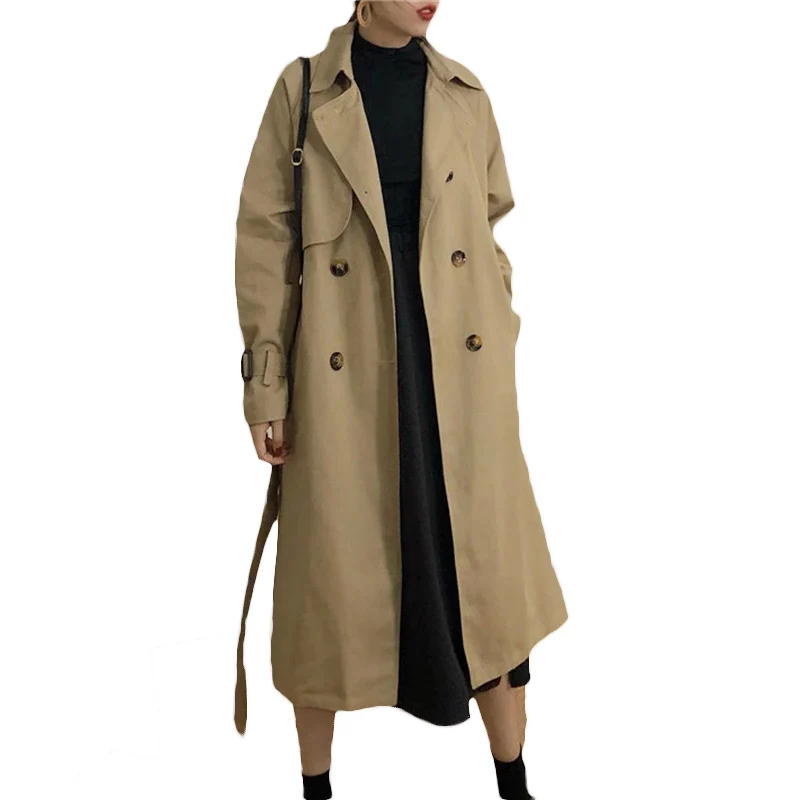 Женская Длинная ветровка свободный двубортный Тренч с Боковым Разрезом модель