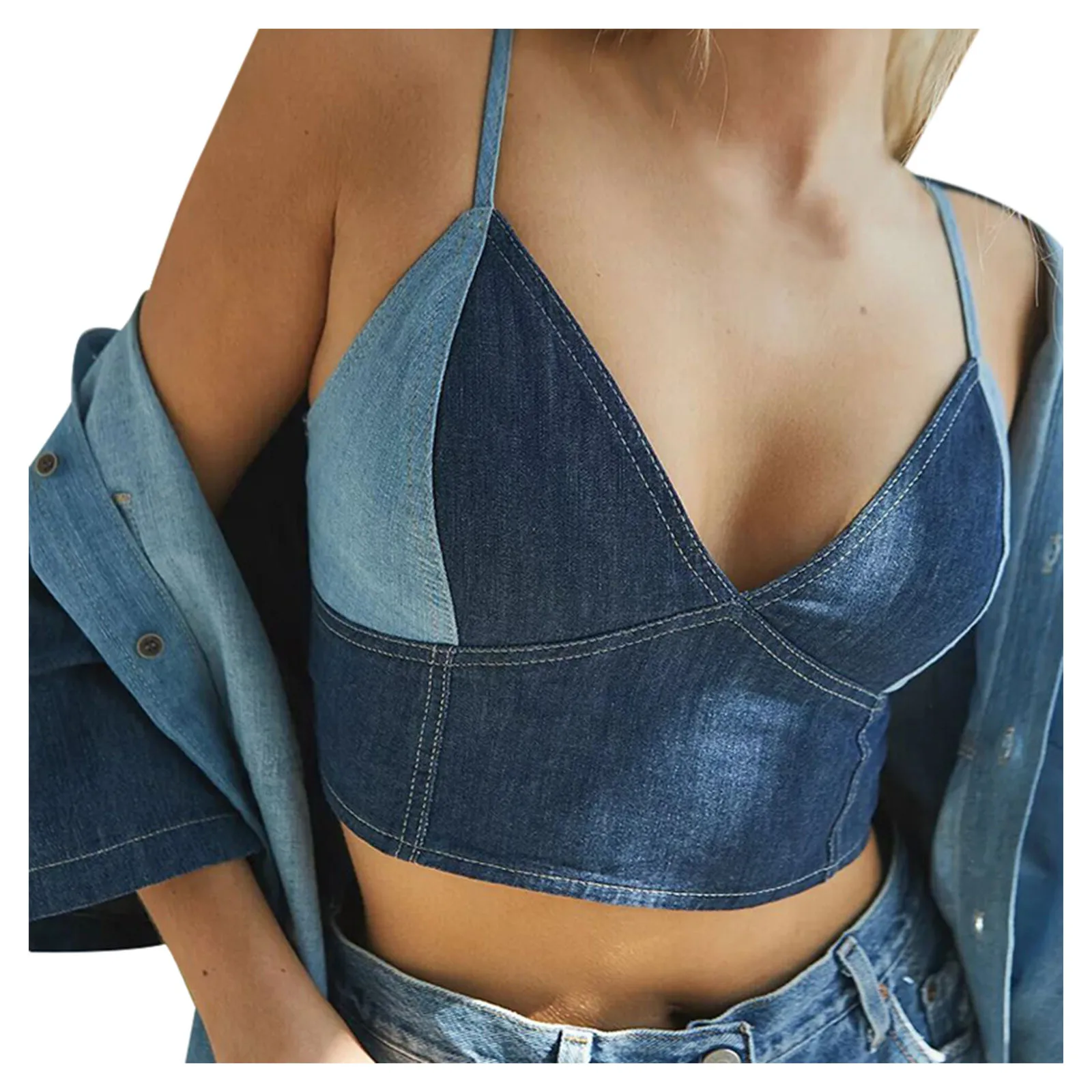 

TELOTUNY Fashion Denim Vest Summer Sexy V Neck Cowboy Patchwork Women's Vest Sleeveless Short T-Shirt Casual Loose Tank Top