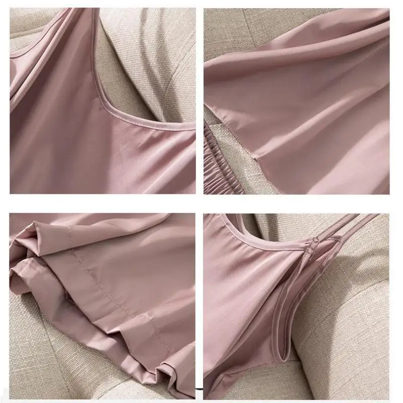 

Casual Sleep Set Pajamas Lady Satin 2PCS Strap Top&Shorts Sleepwear Silky Nightwear Intimate Lingerie Kimono Gown Soft Homewear