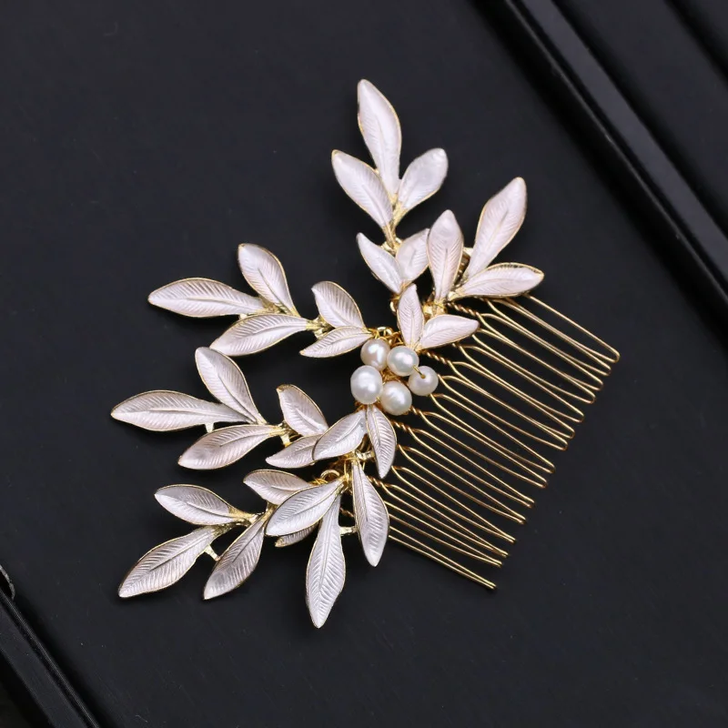 Alloy leaf shape insert comb freshwater pearl hair wedding dress accessories photo studio retro shooting bridal | Свадьбы и