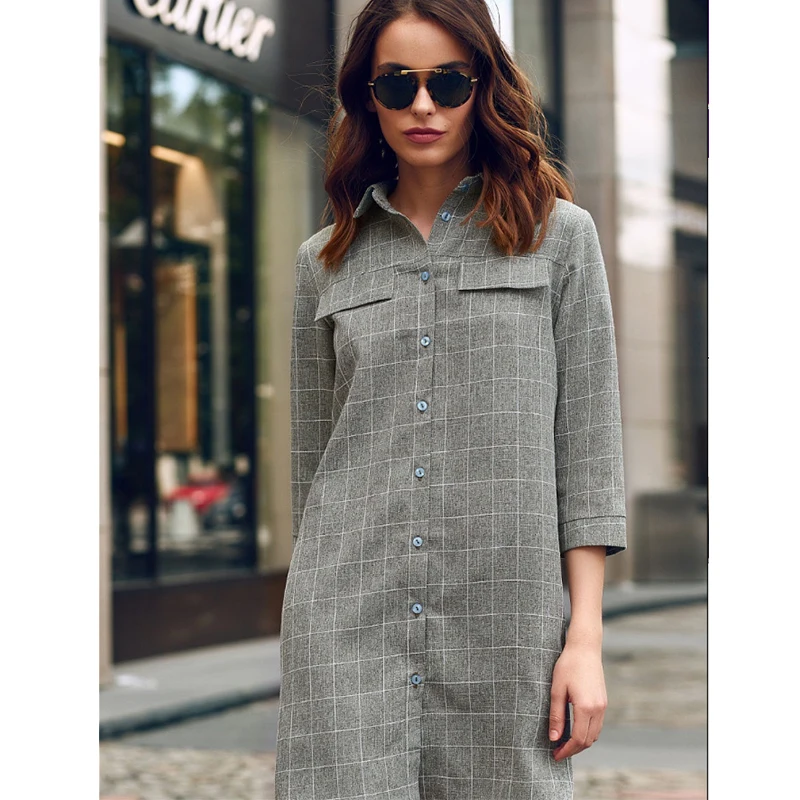 Женское винтажное клетчатое прямое платье с принтом офисное женское отложным