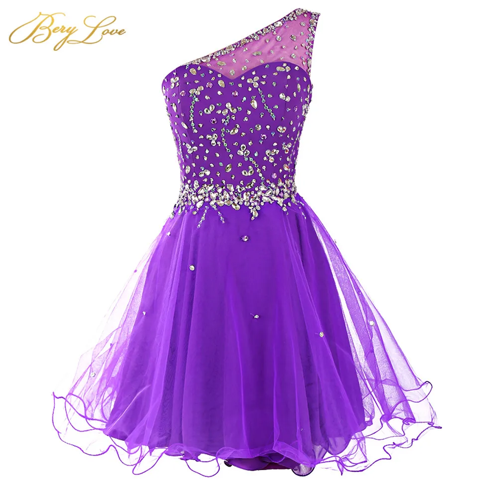 

Berylove One Shoulder Homecoming Dress 2019 Dark Red Mini Crystals Beaded Tulle Short Girl Gown Prom Dress Mini Party Dress