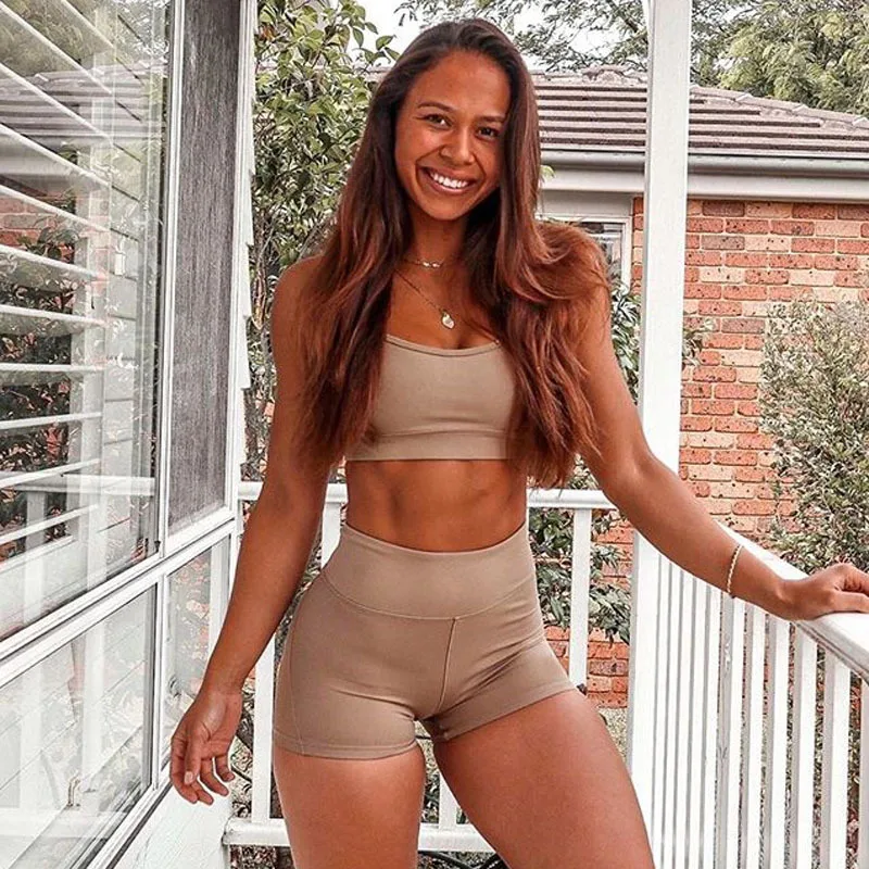 

Two Piece Set Seamless Women Summer Shorts Suits Pure Color Fitness Sports Underwear High Waist Short Leggings Workout Clothes