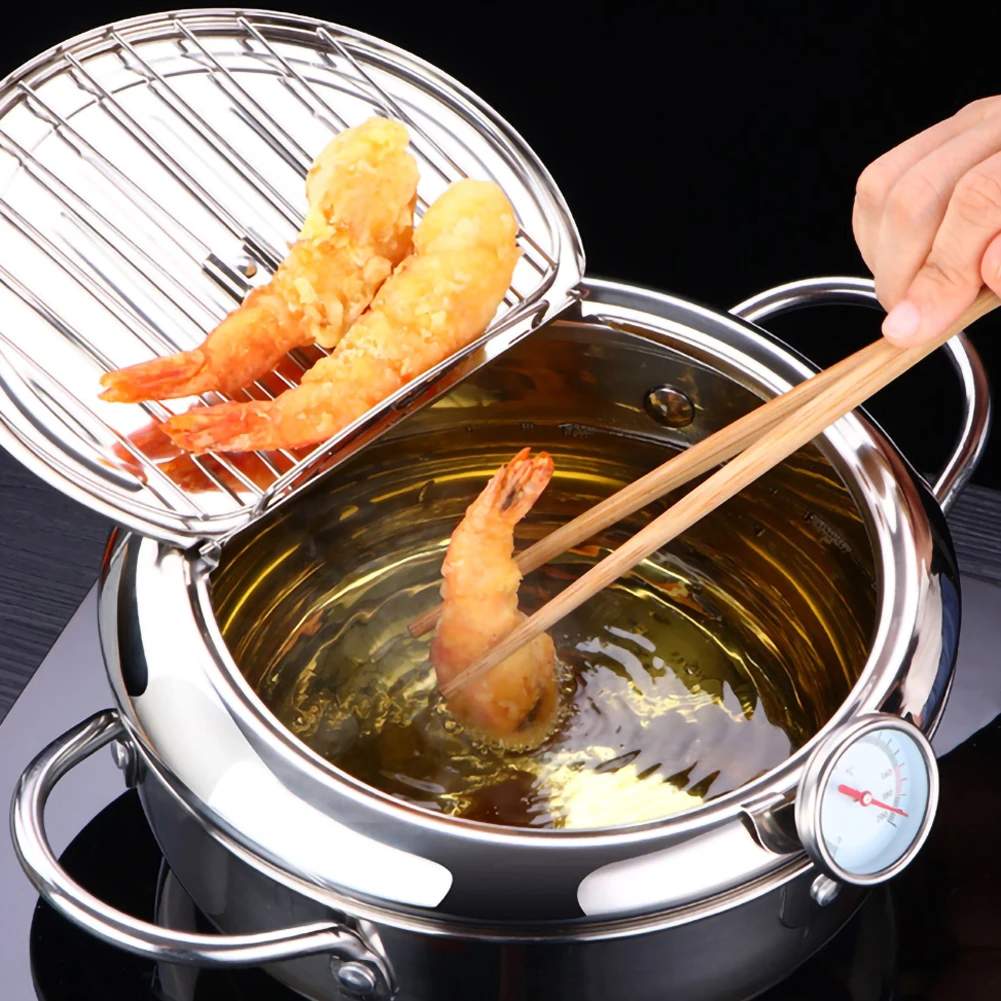

20cm Temperature-controlled Household Tempura Fryer Mini Stainless Steel Fryer Suitable for Induction Cooker and Open Flame
