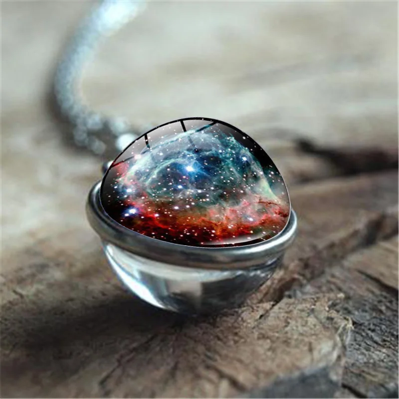 Galaxy Nebula Planet Necklace for Women Universe Solar System Moon Earth Sun Double Side Glass Ball Pendant Chain Necklace Men