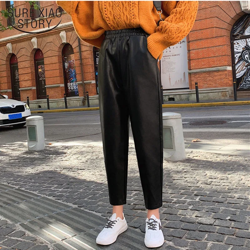 2021 осень зима черного цвета из искусственной кожи женские брюки с эластичной