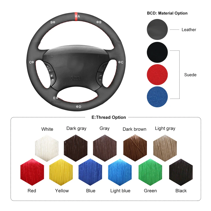 

MEWANT Black Suede With Red Marker Car Steering Wheel Covers for Mercedes Benz CL-Class C215 S-Class W220 1999 2000-2005 2006