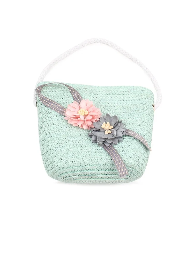 

Girls Knitting Straw Handbag Solid Color Flowers Decoration Kids Summer Casual Holiday Crossbody Bag