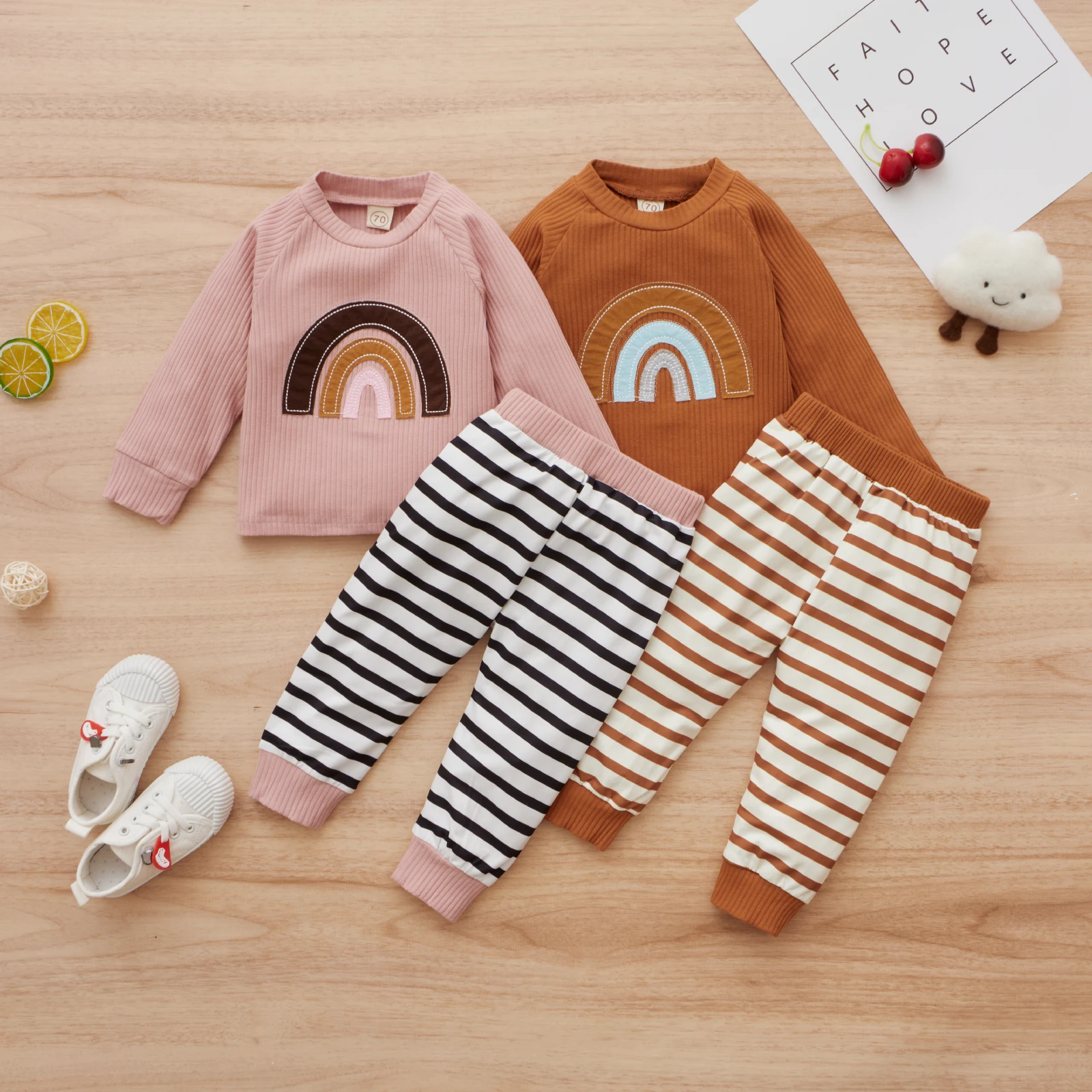 

Newborn Baby Girl Clothes Set Fashion Rainbow Pattern Long Sleeve Tops Trousers 2Pcs Autumn Toddler Infant Clothing Outfits