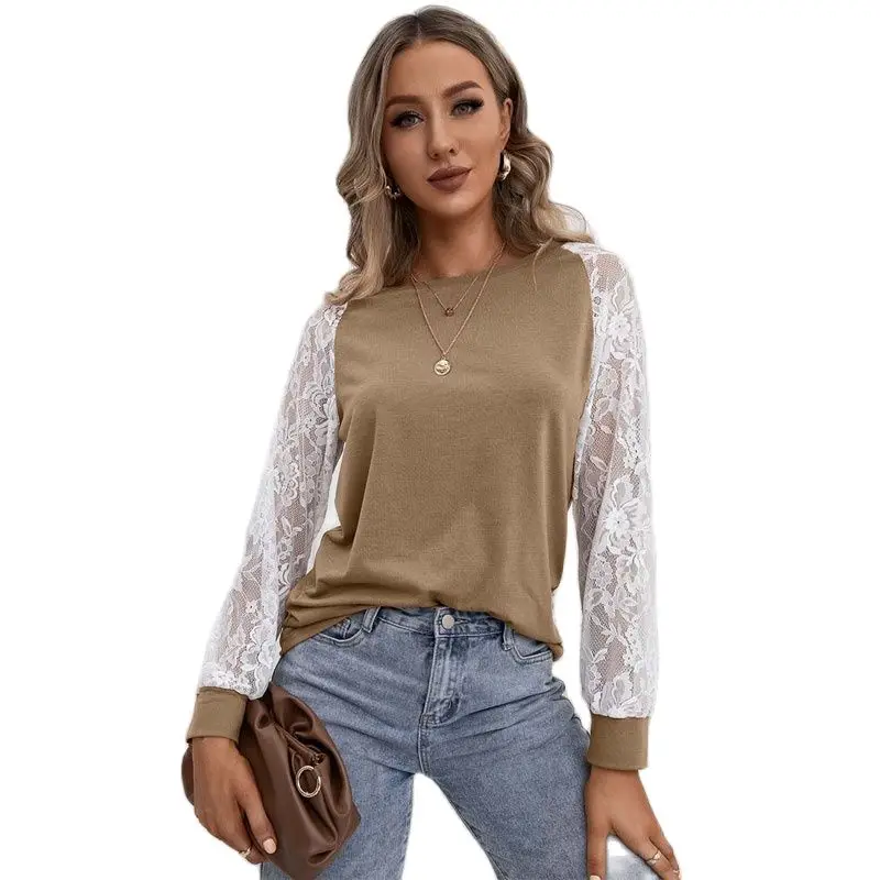 

Women's Hollow Lace Stitching Pullover Top Autumn and Winter New Fashion Lace Stitching Long-sleeved Round Neck T-shirt