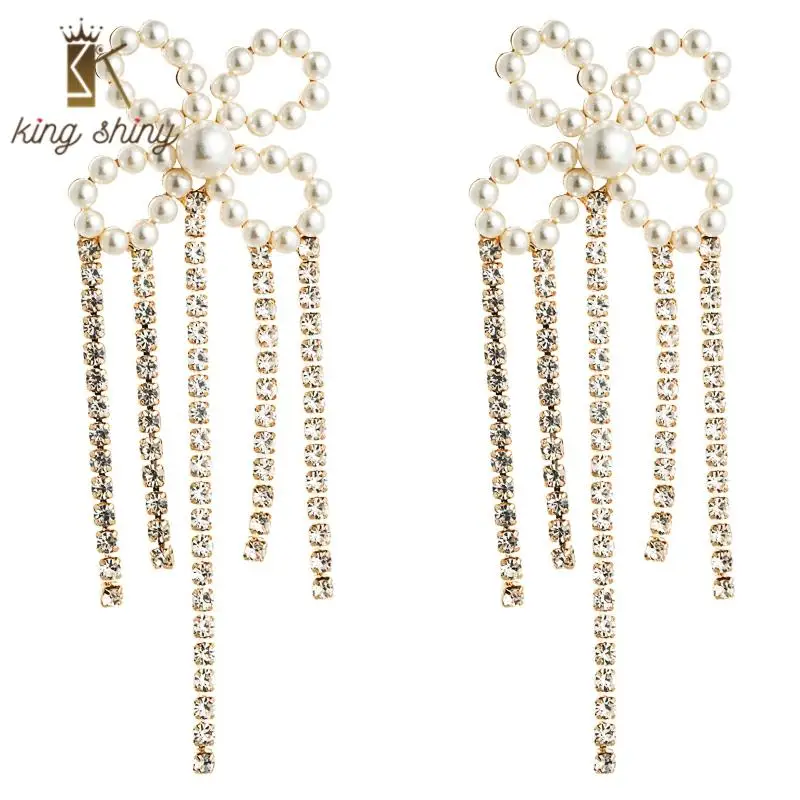 

Exaggerated Bowknot Long Chain Charm Tassel Earrings Simulated Pearl Rhinestone Statement Drop Earrings Woman Party Ear Jewelry