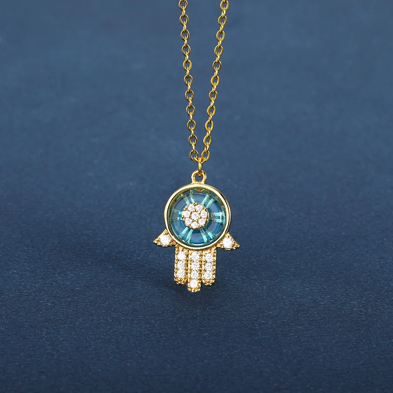 

Classic Hot Sell Women Men Blue Hand Necklace Gold Color Copper Zircon Evil Eye Pendant Chain Hip Hop Turkish Luck Jewelry