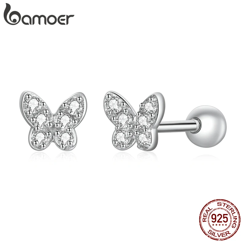

bamoer 925 Sterling Silver Cute Butterfly Stud Earrings, Handmade 5mm Dainty CZ Platinum Plated Hypoallergenic Earrings SCE1116