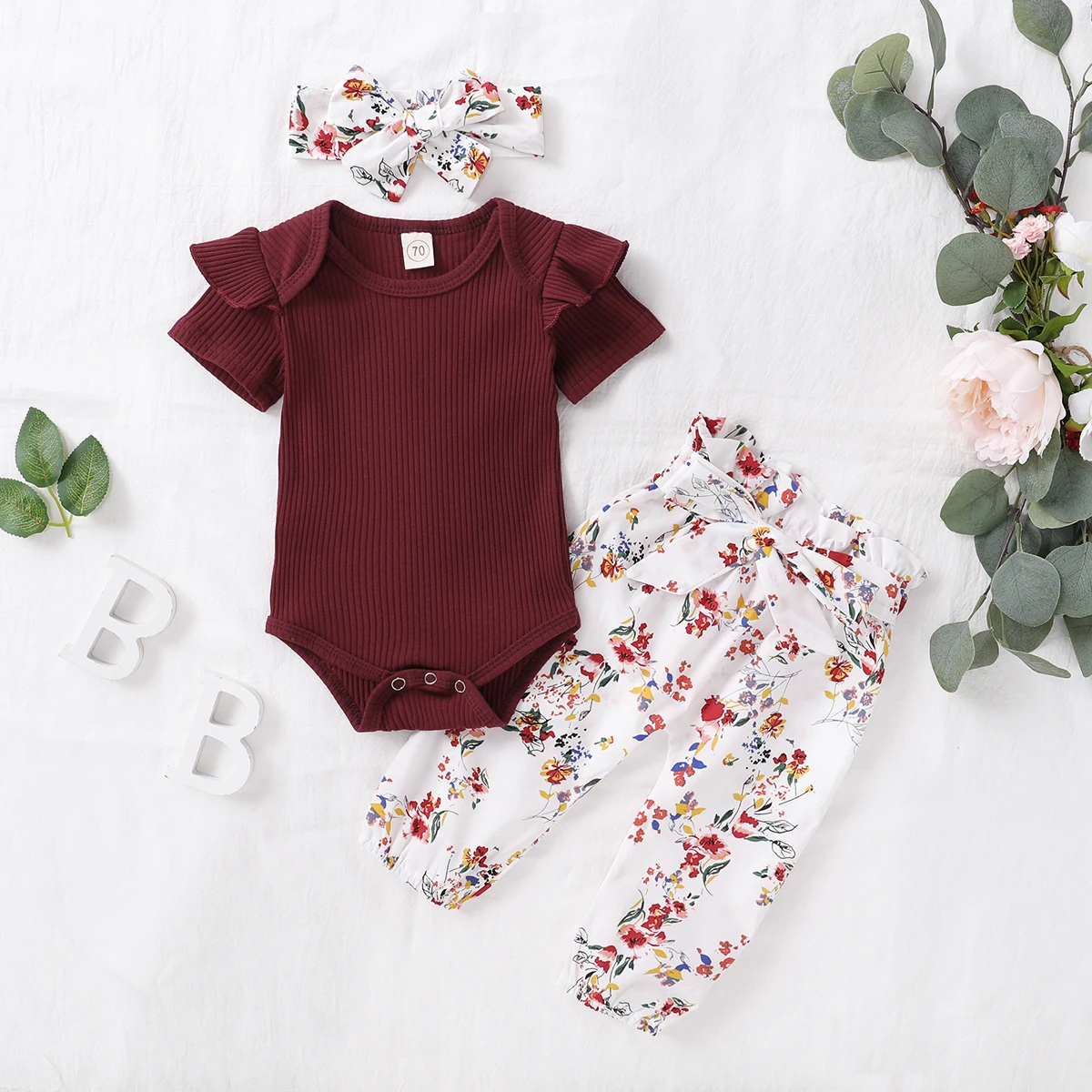 

Летняя одежда для новорожденных девочек, однотонный комбинезон в рубчик с коротким рукавом, топы, штаны с цветами, повязка на голову, наряд, комплект на 0-18 месяцев