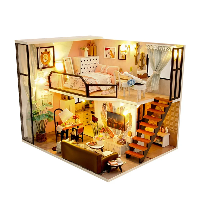 

Миниатюрный Кукольный Домик из дерева "сделай сам", в современном стиле, лофт, сборный Кукольный дом с мебелью, игрушки для детей, подарок на ...