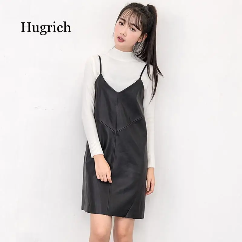 

2021 Spring Summer Women Elegant Sexy Sundress Vintage Spaghetti Strap Retro Pu Dresses Ladies Faux Leather Sling Vestidos
