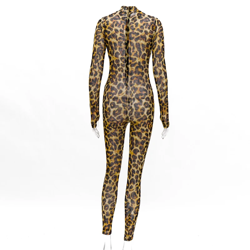 

LVINMW Sexy Mesh Transparent Leopard Print Maxi Jumpsuits 2019 Autumn Winter Women Long Sleeve Mock Neck Party Club Slim Romper