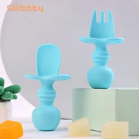 2pcsset baby silicone spoon baby training feeding tableware auxiliary food toddler feeding supplies spoon fork set teether toy