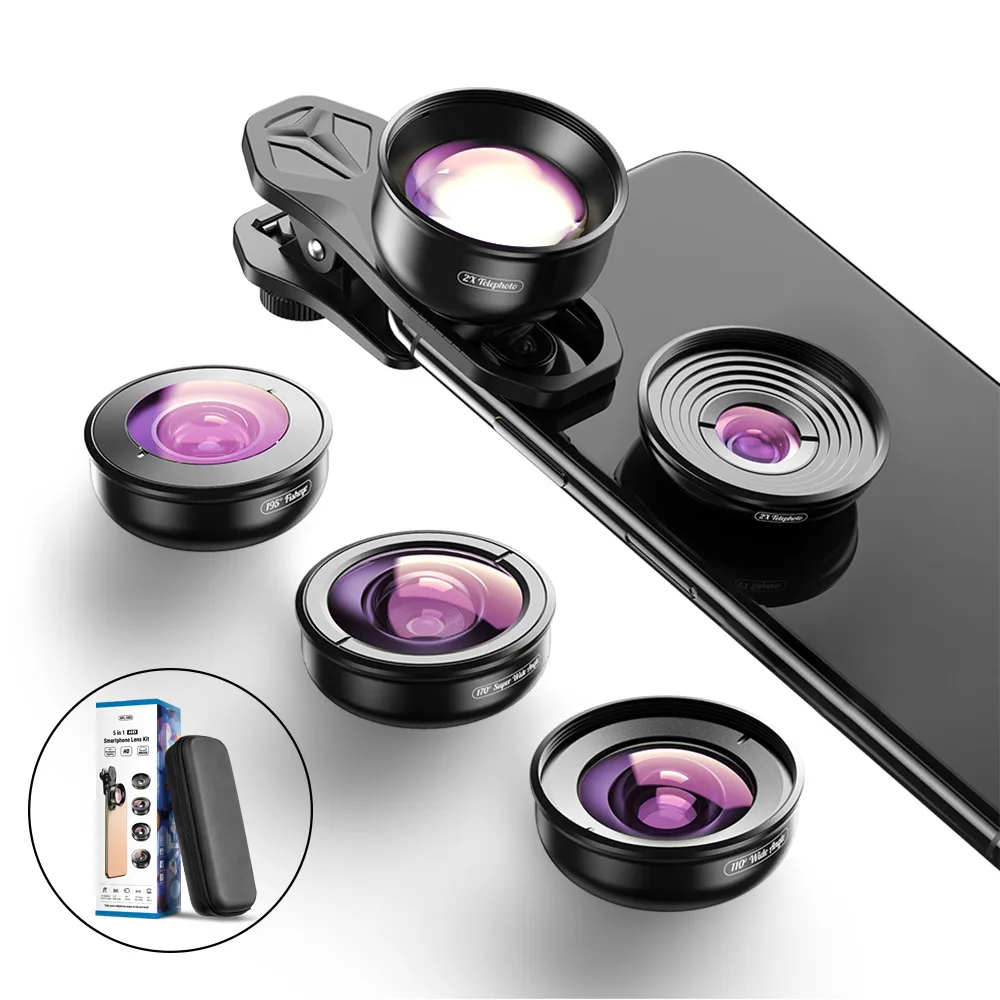 

HD 5 в 1 Набор объективов для камеры телефона 4K широкоугольный макрообъектив Супер Рыбий глаз объектив для iPhone 12 Pro max Xiaomi Samsung все смартфоны