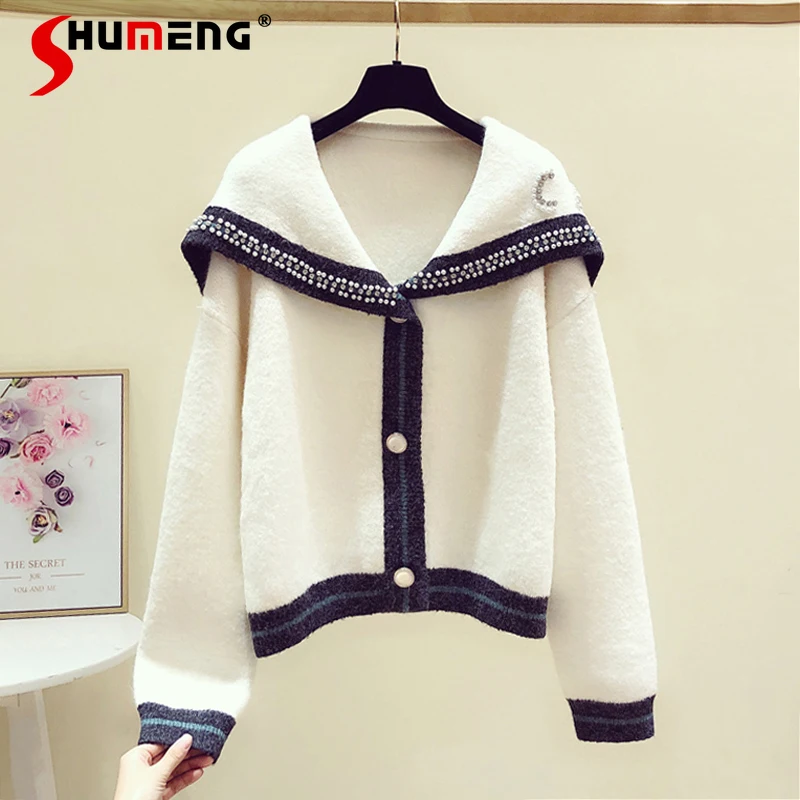 

2021 New Winter Female Beaded Loose Large Lapel Sweater Cardigan Coat Women's Fashion Sailor Collar Hot Rhinestone Knitted Top