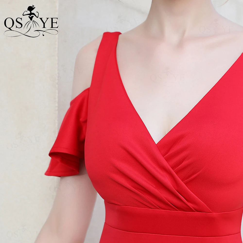 

Red Short Evening Dresses Plugging V Neck Sheath Prom Gown Beading Tassel Side Sleeves Formal Dress Stretch Slit Party Dress