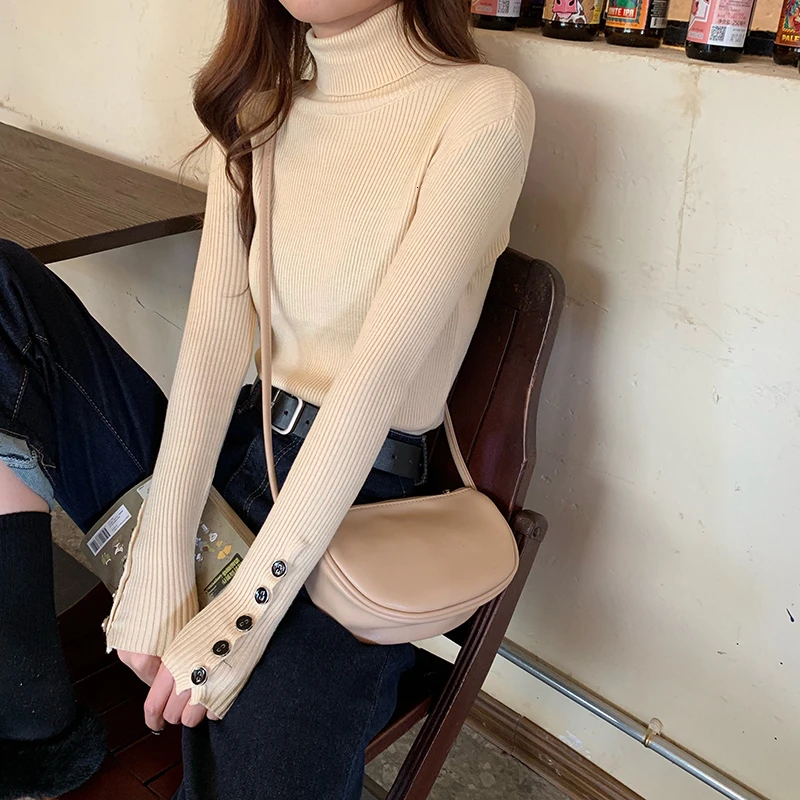 Casual Turtleneck Sweater Women Streetwear Fashion Knitted Button 2019 Autumn Winter Khaki Pullovers Tops | Женская одежда
