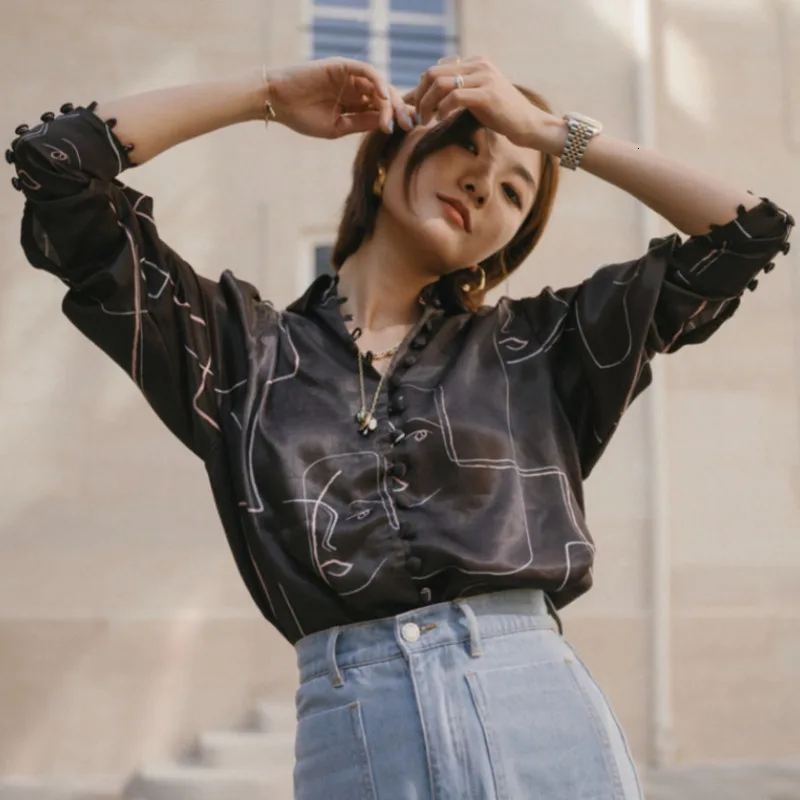 [EWQ] черная рубашка в полоску с длинными рукавами и принтом мягкая