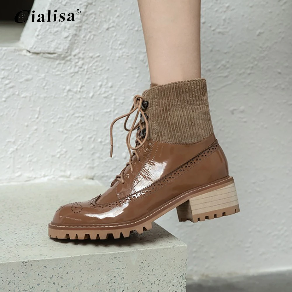 

CIALISA Women Shoes Motorcycle Fashion Chunky Heel Genuine Leather Boot New Round Toe Lace Up Autumn Winte Wedge Ankle Boot