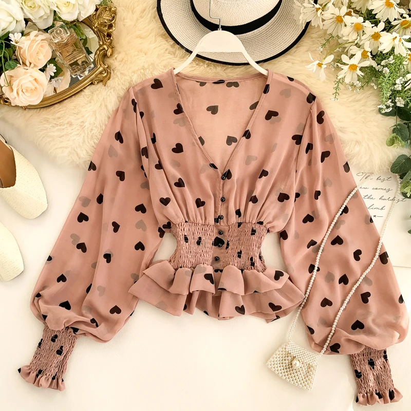 

Autumn Love Print Chiffon Shirt V-neck Puff Sleeve Waist Thin Double-layer Ruffled Fungus Top Women Long Sleeve Shirts
