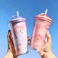 sakura crushed ice cup plastic water cup summer straw cup handy cup girl juice cold drink cup