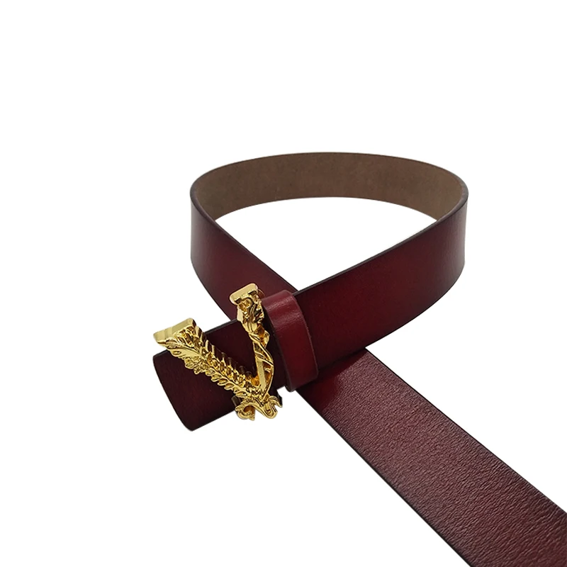 Split leather women belt gold plated V buckle 3.0cm wide belts solid cummerbunds