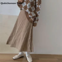 spring autumn women long skirt korean fashion gentle style high waist stereo embossed wrinkled a line midi pleated skirts