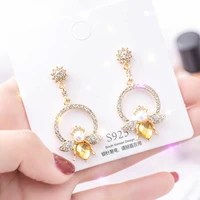 korean yellow zircon bee dangle earrings flash rhinestones pearl earrings for women 2020 fashion jewelry drop earings gift