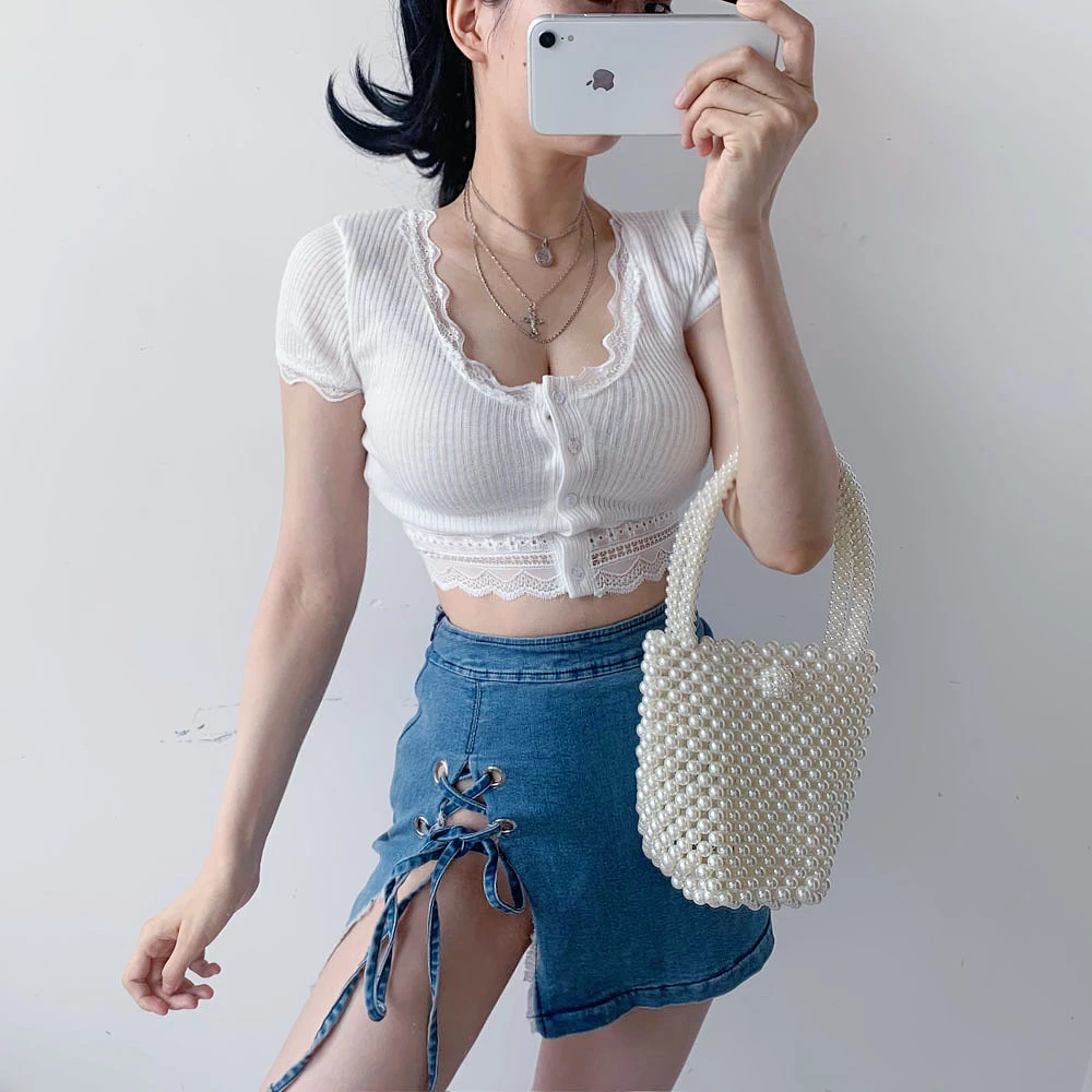 

2021 Весна Европа и новые летние женские модные тонкие кружева сексуальное с v-образным вырезом с коротким рукавом трикотажные французских же...