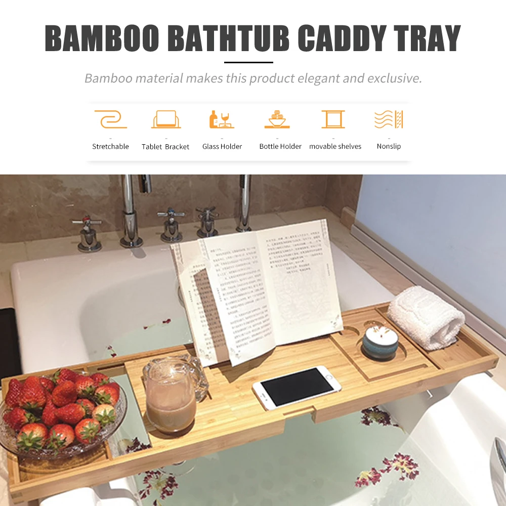 

Bathtub Caddy Tray Bamboo Spa Bathtub Caddy Organizer Book Wines Tablets Holder Reading Rack Nonslip Bottom Extendable Sides