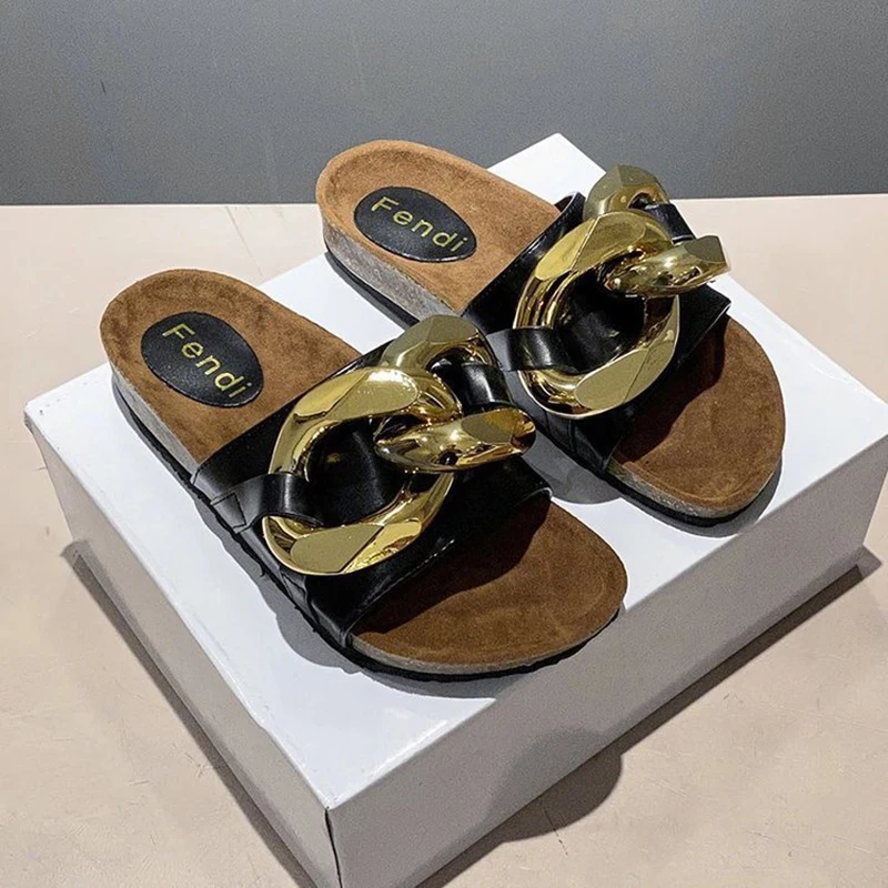 

Flip-flops Women Slippers Metal Chain Leather Flat Mules Slippers Women Fashion Casual Shoes Women Runway Half Slippers