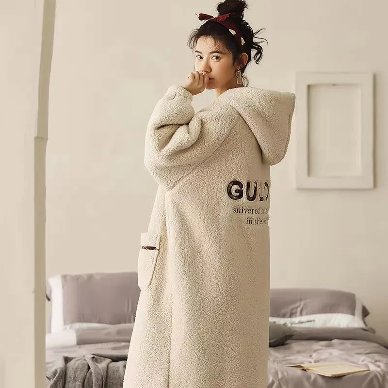2022 Women New Winter Thicken Warm Flannel Robes Coral Fleece Long Sleeve Female Nightgown Plus Size Leisure Nightwear